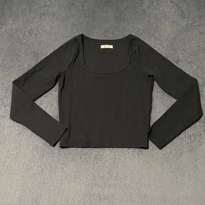 Madewell Crop Tee Womens S Black Square Neck Long Sleeve Ribbed Pullover Stretch